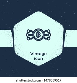Grunge line Cryptocurrency bitcoin in circle with microchip circuit icon isolated on blue background. Blockchain technology, digital money market. Monochrome vintage drawing. Vector Illustration
