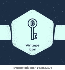 Grunge line Cryptocurrency Bitcoin key icon isolated on blue background. Concept of cyber security or digital key with technology interface. Monochrome vintage drawing. Vector Illustration