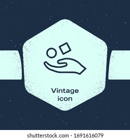 Grunge line Cube levitating above hand icon isolated on blue background. Levitation symbol. Monochrome vintage drawing. Vector Illustration