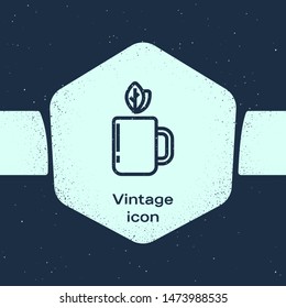 Grunge line Cup of tea and leaf icon isolated on blue background. Monochrome vintage drawing. Vector Illustration