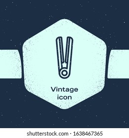 Grunge line Curling iron for hair icon isolated on blue background. Hair straightener icon. Monochrome vintage drawing. Vector Illustration