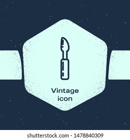 Grunge line Cutter tool icon isolated on blue background. Sewing knife with blade. Monochrome vintage drawing. Vector Illustration
