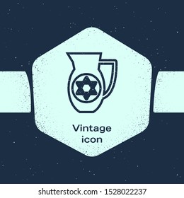 Grunge line Decanter with star of david icon isolated on blue background. Pottery jug. Organic product in carafe. Monochrome vintage drawing. Vector Illustration