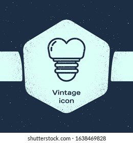 Grunge line Dental implant icon isolated on blue background. Monochrome vintage drawing. Vector Illustration