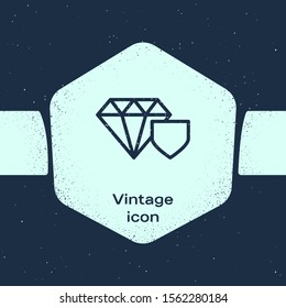 Grunge line Diamond with shield icon isolated on blue background. Jewelry insurance concept. Security, safety, protection, protect concept. Monochrome vintage drawing. Vector Illustration