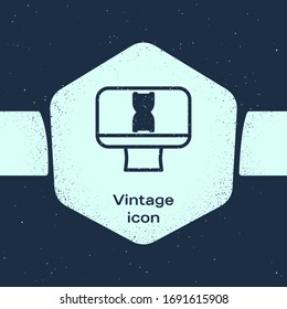 Grunge line DNA spiral and computer monitor icon isolated on blue background. Polygonal medical technology research mesh art. Monochrome vintage drawing. Vector Illustration