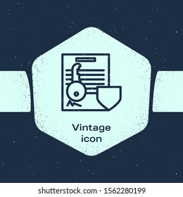 Grunge line Document with key with shield icon isolated on blue background. Key insurance. Security, safety, protection, protect concept. Monochrome vintage drawing. Vector Illustration