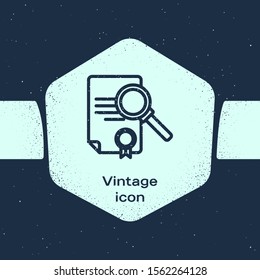 Grunge line Document with search icon isolated on blue background. File and magnifying glass icon. Analytics research sign. Monochrome vintage drawing. Vector Illustration