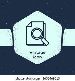 Grunge line Document with search icon isolated on blue background. File and magnifying glass icon. Analytics research sign. Monochrome vintage drawing. Vector Illustration