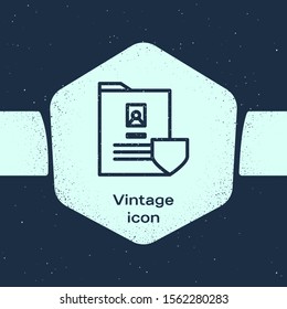 Grunge line Document with shield icon isolated on blue background. Insurance concept. Security, safety, protection, protect concept. Monochrome vintage drawing. Vector Illustration