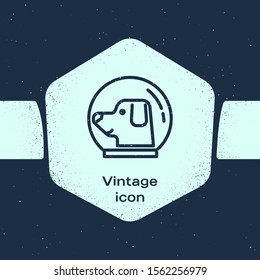 Grunge line Dog in astronaut helmet icon isolated on blue background. Monochrome vintage drawing. Vector Illustration