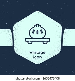Grunge line Dumpling on cutting board icon isolated on blue background. Traditional chinese dish. Monochrome vintage drawing. Vector Illustration