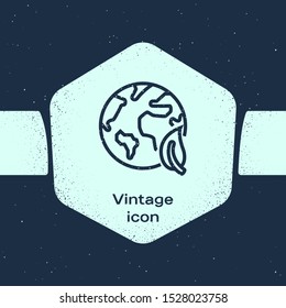 Grunge line Earth globe and leaf icon isolated on blue background. World or Earth sign. Geometric shapes. Environmental concept. Monochrome vintage drawing. Vector Illustration