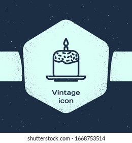 Grunge line Easter cake and candle icon isolated on blue background. Happy Easter. Monochrome vintage drawing. Vector Illustration