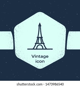 Grunge line Eiffel tower icon isolated on blue background. France Paris landmark symbol. Monochrome vintage drawing. Vector Illustration