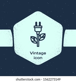 Grunge line Electric saving plug in leaf icon isolated on blue background. Save energy electricity icon. Environmental protection icon. Bio energy. Monochrome vintage drawing. Vector Illustration