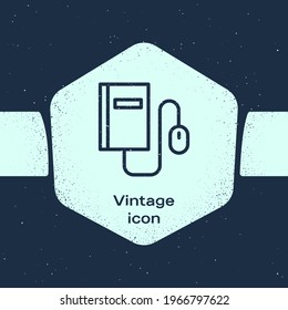 Grunge line Electronic book with mouse icon isolated on blue background. Online education concept. E-book badge icon. Monochrome vintage drawing. Vector Illustration