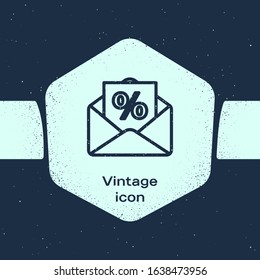 Grunge line Envelope with an interest discount from the store icon isolated on blue background. Monochrome vintage drawing. Vector Illustration