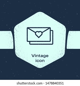 Grunge line Envelope with Valentine heart icon isolated on blue background. Message love. Letter love and romance. Monochrome vintage drawing. Vector Illustration