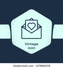 Grunge line Envelope with Valentine heart icon isolated on blue background. Message love. Letter love and romance. Monochrome vintage drawing. Vector Illustration