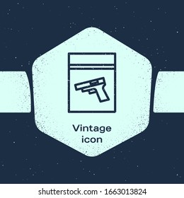 Grunge-Linie Beweistasche und Pistole oder Pistole Symbol einzeln auf blauem Hintergrund. Einfarbige Vintage-Zeichnung. Vektorillustration-Illustration
