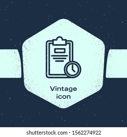 Grunge line Exam sheet with clock icon isolated on blue background. Test paper, exam, or survey concept. School test or exam. Monochrome vintage drawing. Vector Illustration