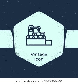 Grunge line Factory conveyor system belt with cardboard boxes engineering machine icon isolated on blue background. Robot industry concept. Monochrome vintage drawing. Vector Illustration