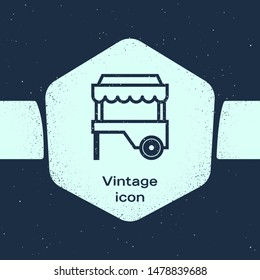 Grunge line Fast street food cart with awning icon isolated on blue background. Urban kiosk. Monochrome vintage drawing. Vector Illustration