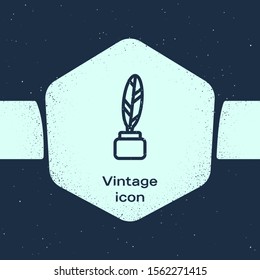 Grunge line Feather and inkwell icon isolated on blue background. Monochrome vintage drawing. Vector Illustration