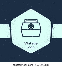 Grunge line First aid kit icon isolated on blue background. Medical box with cross. Medical equipment for emergency. Healthcare concept. Monochrome vintage drawing. Vector Illustration