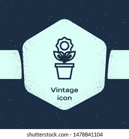 Grunge line Flower in pot icon isolated on blue background. Plant growing in a pot. Potted plant sign. Monochrome vintage drawing. Vector Illustration