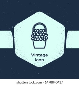 Grunge line Flowers in a basket icon isolated on blue background. Monochrome vintage drawing. Vector Illustration