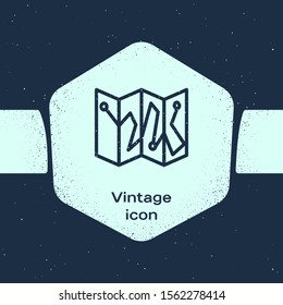 Grunge line Folded map with location marker icon isolated on blue background. Monochrome vintage drawing. Vector Illustration