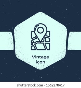 Grunge line Folded map with location marker icon isolated on blue background. Monochrome vintage drawing. Vector Illustration