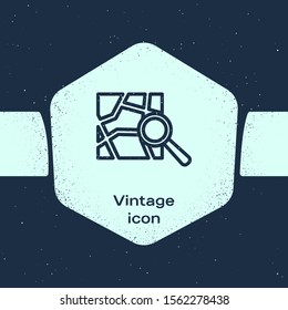 Grunge line Folded map with location marker icon isolated on blue background. Monochrome vintage drawing. Vector Illustration