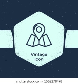 Grunge line Folded map with location marker icon isolated on blue background. Monochrome vintage drawing. Vector Illustration