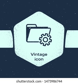 Grunge line Folder settings with gears icon isolated on blue background. Software update, transfer protocol, teamwork tool management. Monochrome vintage drawing. Vector Illustration