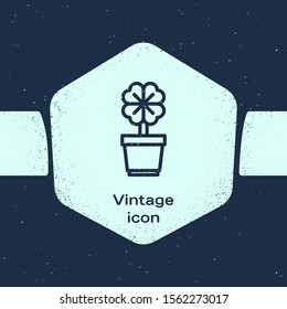 Grunge line Four leaf clover in pot icon isolated on blue background. Happy Saint Patrick day. Monochrome vintage drawing. Vector Illustration