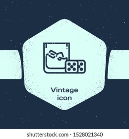 Grunge line Game dice and glass of whiskey with ice cubes icon isolated on blue background. Casino gambling. Monochrome vintage drawing. Vector Illustration