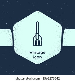Grunge line Garden rake icon isolated on blue background. Tool for horticulture, agriculture, farming. Ground cultivator. Housekeeping equipment. Monochrome vintage drawing. Vector Illustration