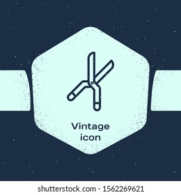 Grunge line Gardening handmade scissors for trimming icon isolated on blue background. Pruning shears with wooden handles. Monochrome vintage drawing. Vector Illustration