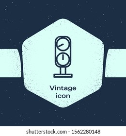 Grunge line Gauge scale icon isolated on blue background. Satisfaction, temperature, manometer, risk, rating, performance, speed tachometer. Monochrome vintage drawing. Vector Illustration