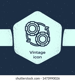 Grunge line Gear and arrows as workflow process concept icon isolated on blue background. Gear reload sign. Monochrome vintage drawing. Vector Illustration