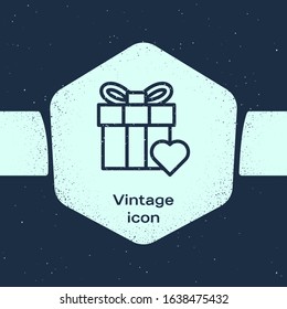 Grunge line Gift box and heart icon isolated on blue background. Valentines day. Monochrome vintage drawing. Vector Illustration