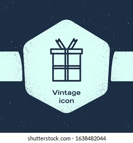 Grunge line Gift box icon isolated on blue background. Happy Birthday. Monochrome vintage drawing. Vector Illustration