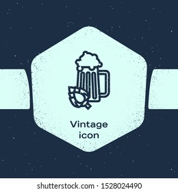 Grunge line Glass of beer and hop icon isolated on blue background. Monochrome vintage drawing. Vector Illustration