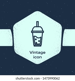 Grunge line Glass of lemonade with drinking straw icon isolated on blue background. Monochrome vintage drawing. Vector Illustration