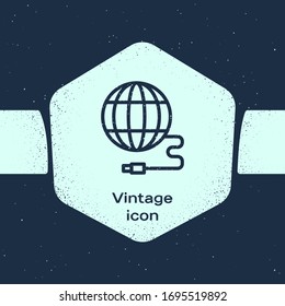 Grunge line Global technology or social network icon isolated on blue background. Monochrome vintage drawing. Vector Illustration