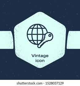Grunge line Globe key icon isolated on blue background. Monochrome vintage drawing. Vector Illustration