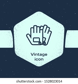Grunge line Gloves icon isolated on blue background. Extreme sport. Sport equipment. Monochrome vintage drawing. Vector Illustration